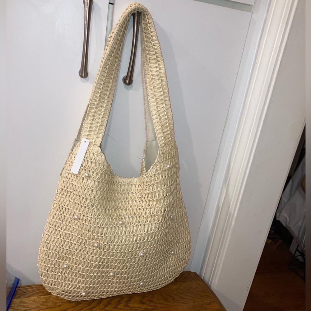 Woven Shoulder Bag with Pearl Accents- Tan NWT